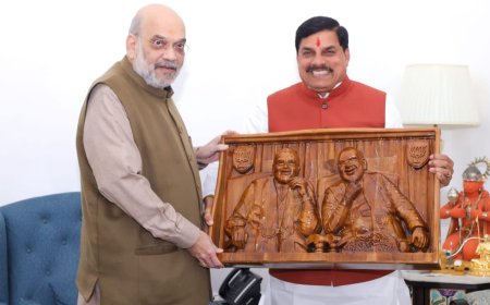 मुख्यमंत्री डॉ. मोहन यादव ने केंद्रीय गृह मंत्री श्री अमित शाह से सौजन्य भेंट कर पिपरिया के काष्ठ कलाकार द्वारा निर्मित कलाकृति भेंट की।